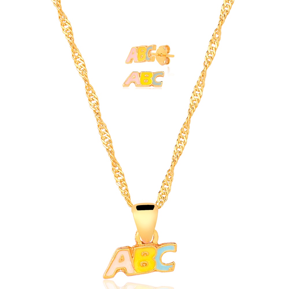Conjunto Dourado Infantil Brinco e Colar ABC (40cm-1,3cm-1,2cm)