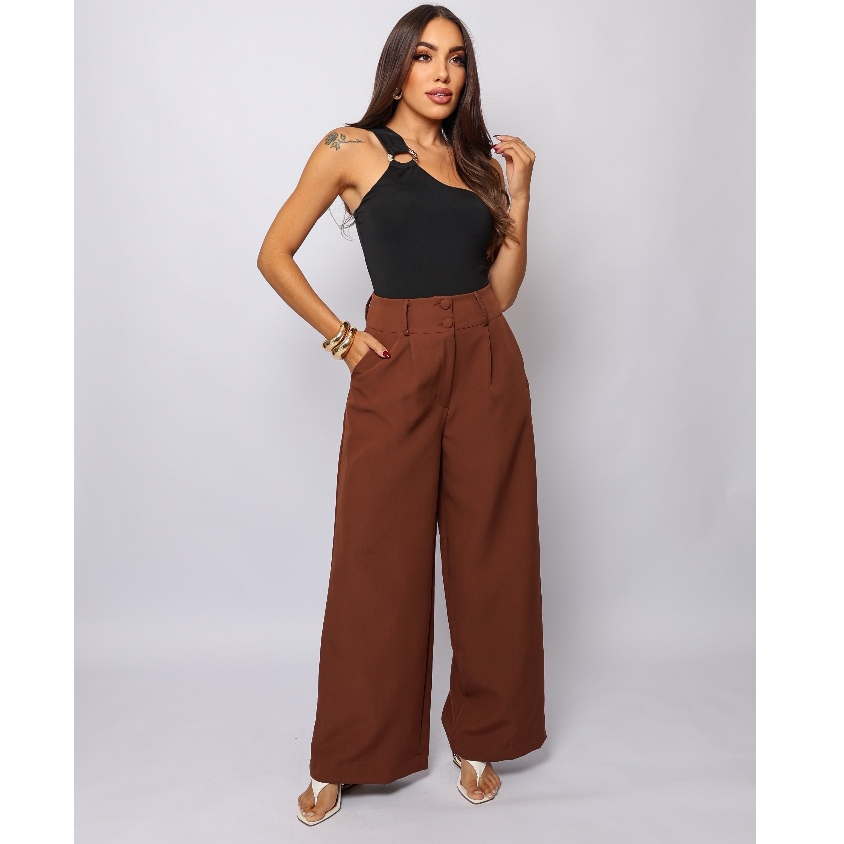 Calça Pantalona Alfaiataria Wide Leg Social Cintura Alta feminina