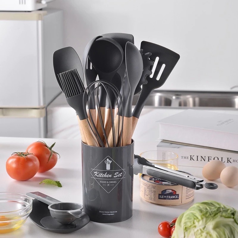 Kit C/12 Peças Utensílios De Cozinha Colheres Espatula Silicone Cabo Madeira Decoração Livre BPA