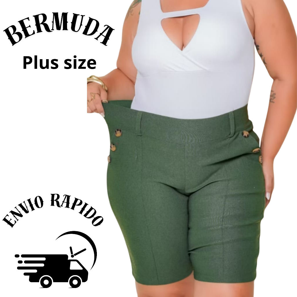 Bermuda Feminina Plus Size 6 Botões Cobertos Cintura Alta Casual Moda 2025