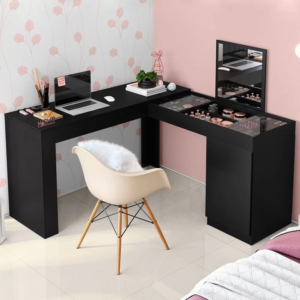 Escrivaninha Mesa Escritório Penteadeira de Canto 136x136cm com Espelho 1 Porta Star Preto