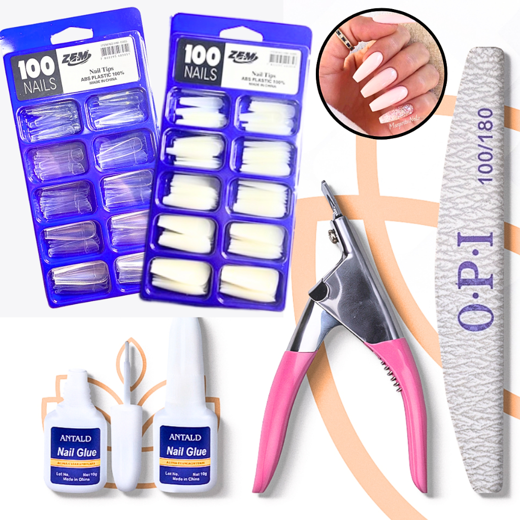 KIT UNHA POSTIÇA BAILARINA REALISTA – Leitosa ou Transparente + Cola com Pincel + Cortador de Tips