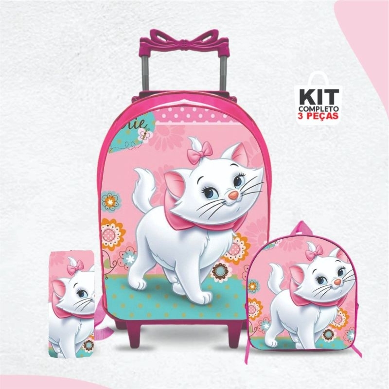 Kit mochila escolar Gata Marie com lancheira e Estojo -Carrinho com Rodinhas – Menina – Feminino