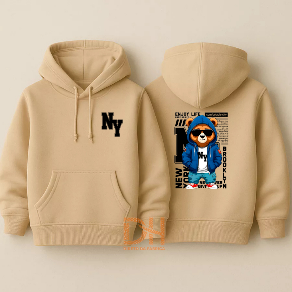 Moletom Infantil Juvenil Estampado Urso New York Blusa de Frio Flanelada Com Bolso e Capuz