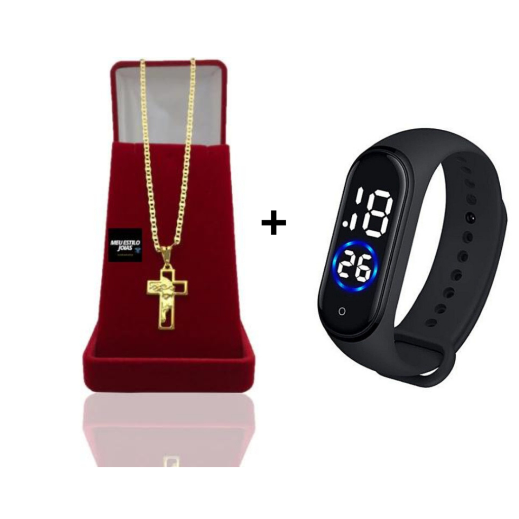 Corrente Masculina Infantil Cordão Piastrini 3mm Banhado Ouro Com Pingente Cruz Face de Cristo + Re