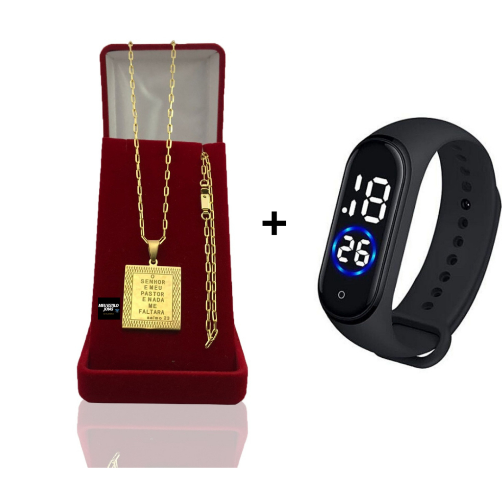 Corrente Masculina Infantil Banhado Ouro 2mm Com Pulseira e Pingente Senhor Meu Pastor +  Relógio Di