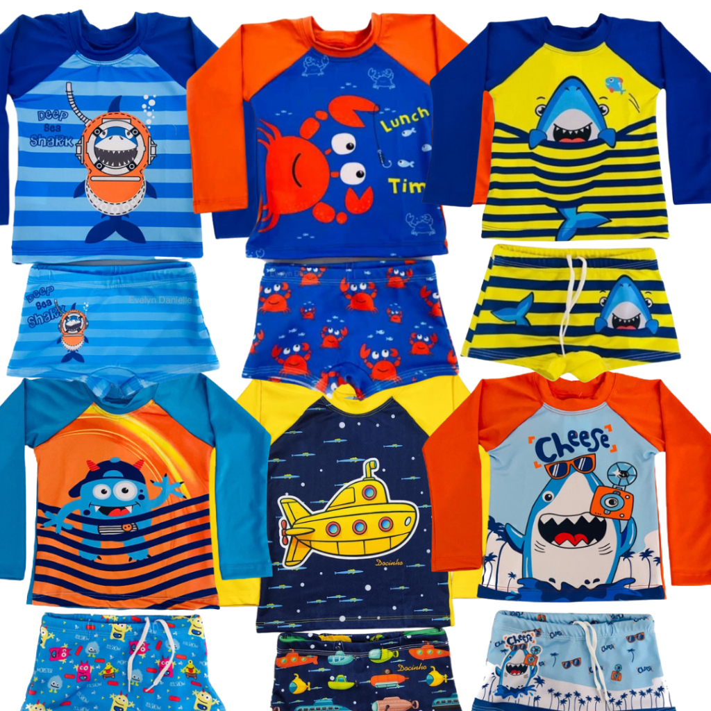 Conjunto UV Infantil Menino Camisa + Sunga Proteção Solar Roupa de Praia