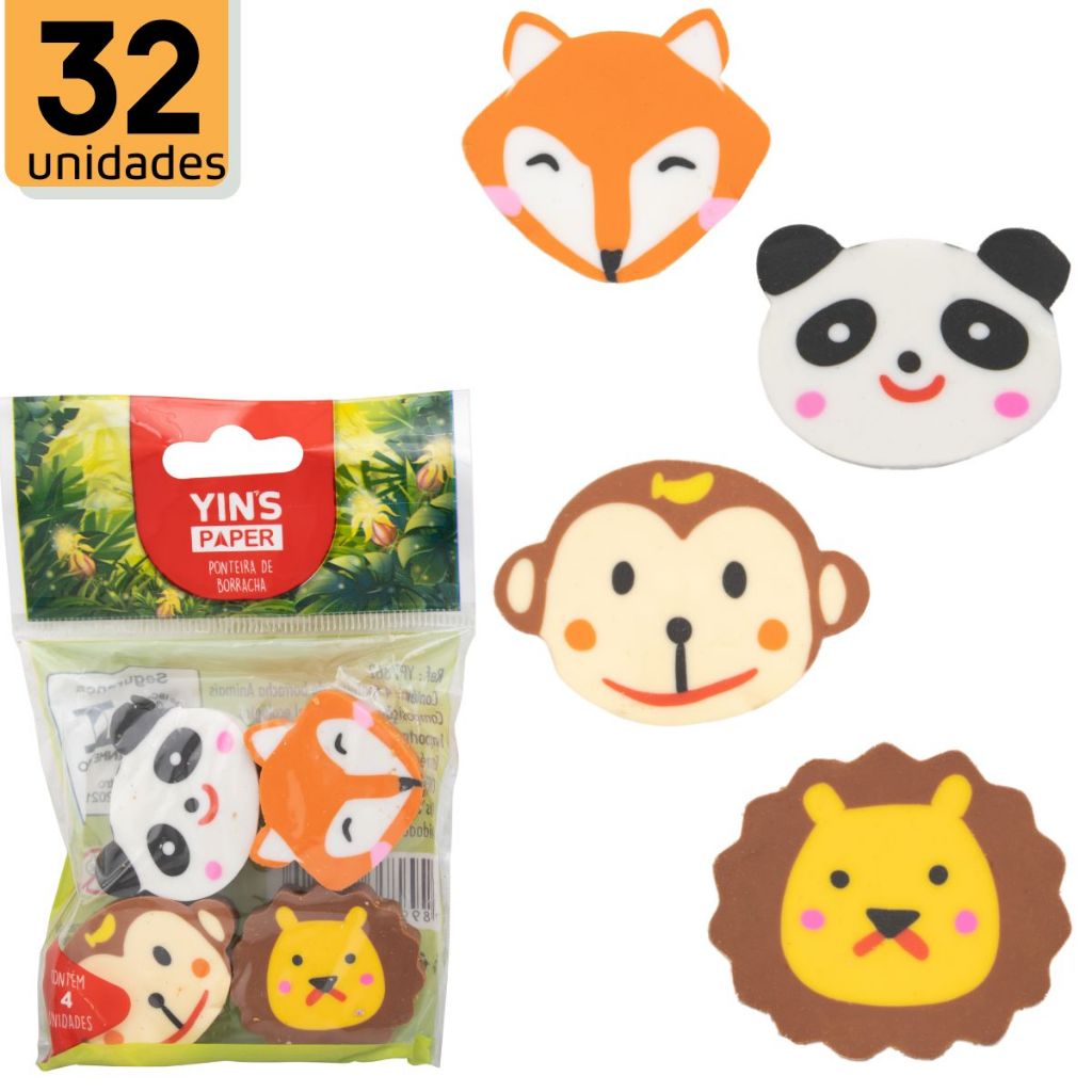 32 Borrachas Escolar Ponteiras Yins Bichinhos Raposa Panda leão Macaco YINS PAPER