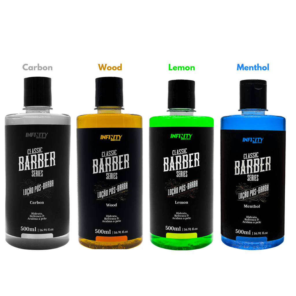 Loção Pós Barba 500ml – Fragrâncias Variadas Lemon, Menthol, Wood e Carbon INFINITY