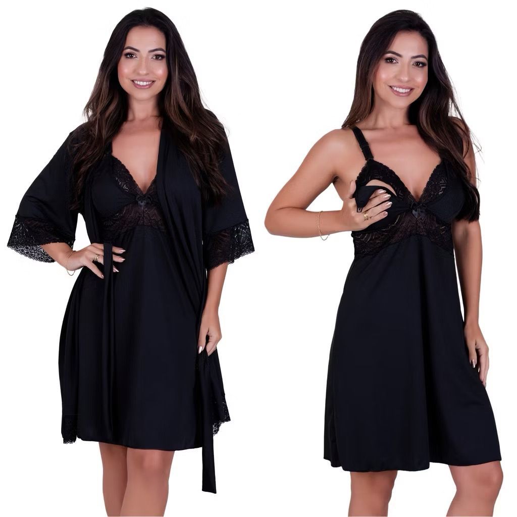 KIT CAMISOLA AMAMENTAÇÃO E ROBE CONJUNTO, SAÍDA MATERNIDADE, PÓS PARTO MAMÃE E BEBÊ.