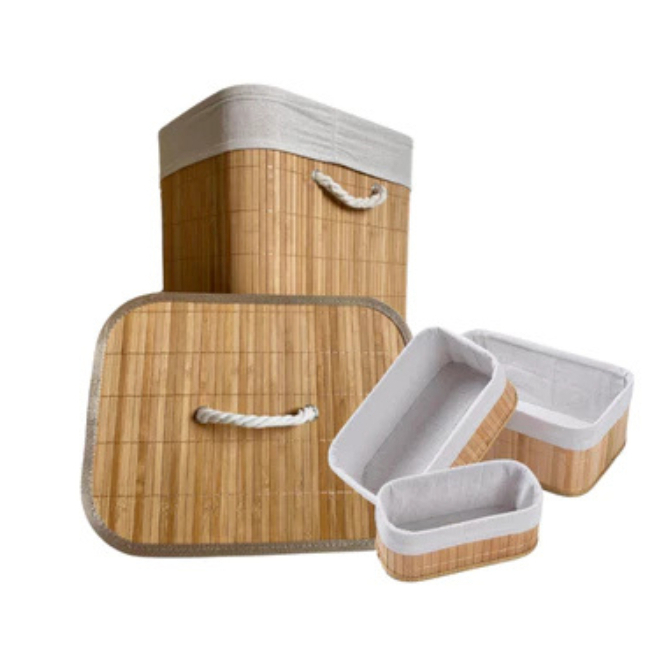 Cesto De Roupa Suja Bambu Com Tampa e Alças Forra