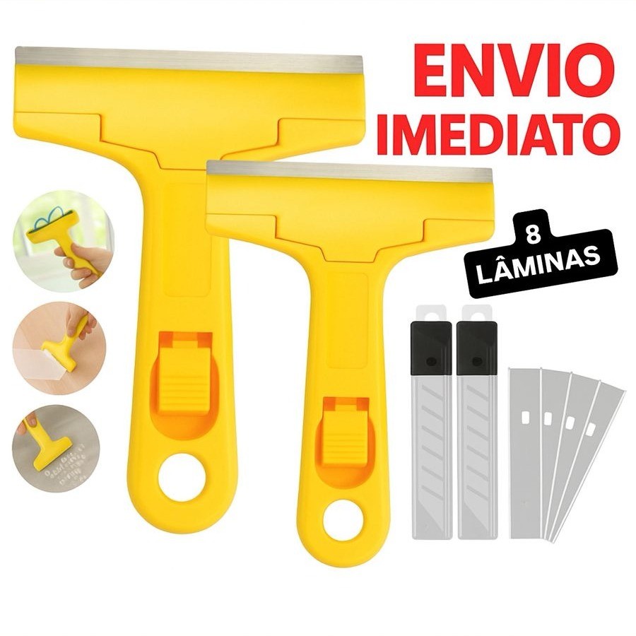 2 Estilete Raspador Profissional 8 Lâminas Tira Adesivo Cola Vidro Piso Fogao Parede 1 Unidade + 4 L