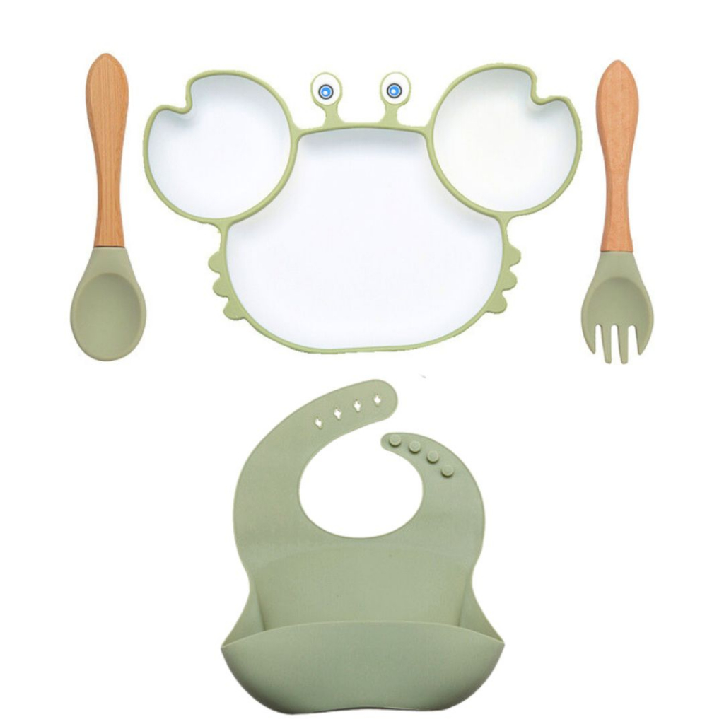 Kit Alimentação Bebê Prato Talher Babador Silicone Livre de BPA Flexível Prato Caranguejo com Ventos