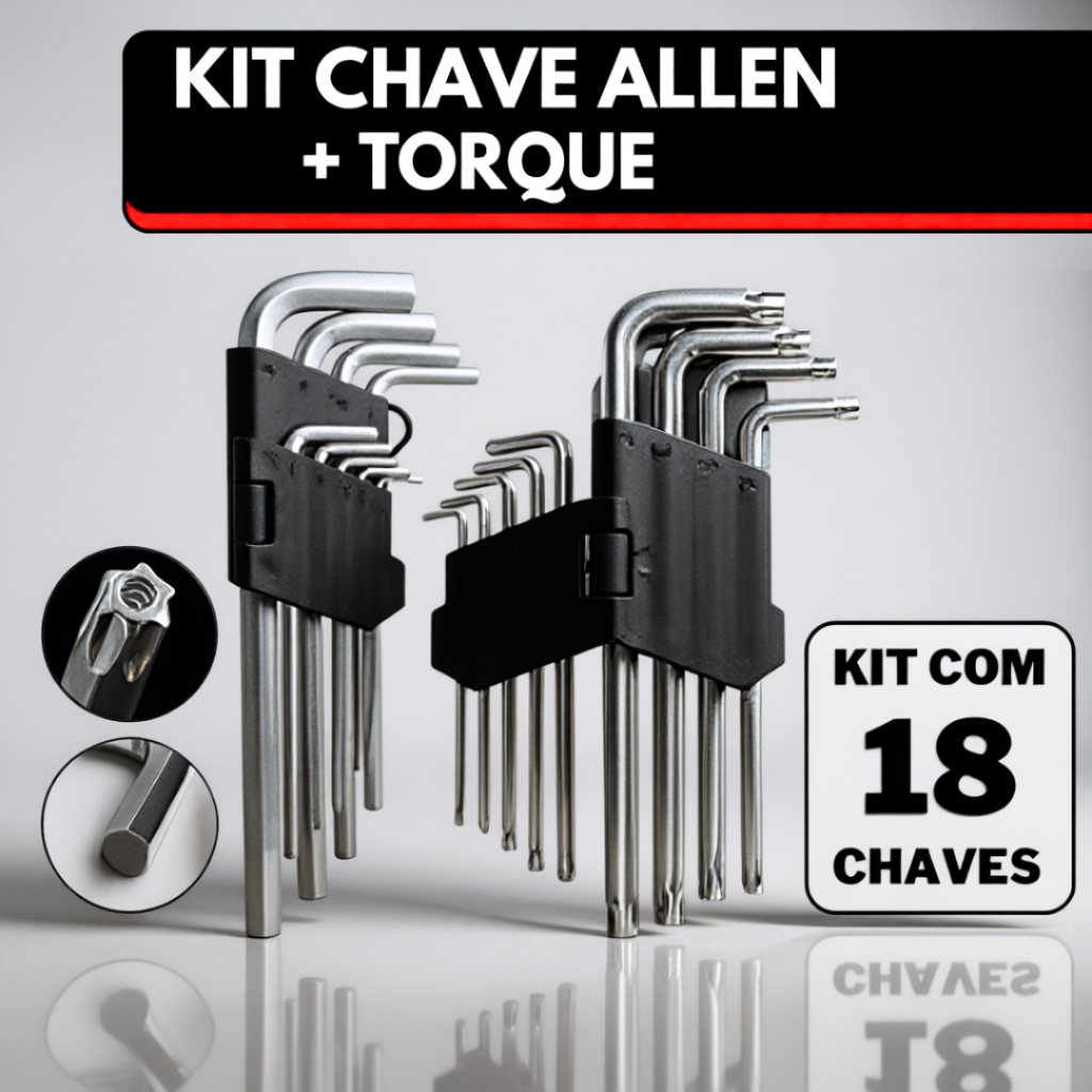 Jogo de Chave Torque Torx + Allen com 18 Peças Curta T10atéT50