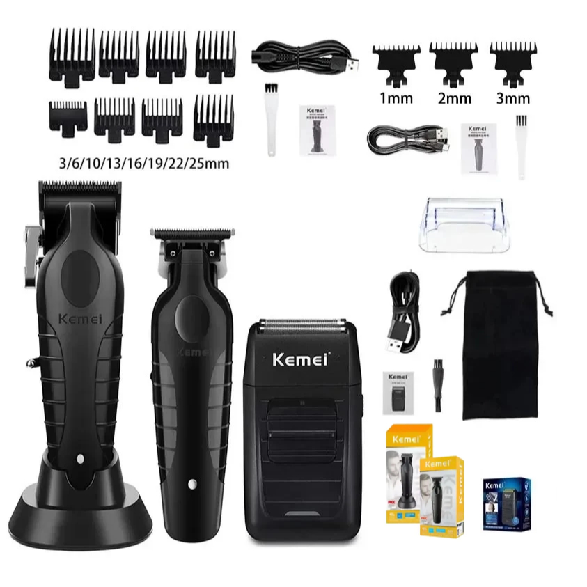 Kit Kemei Máquina de cortar cabelo + Máquina De Acabamento + Shaver Barbeador KM 2296 2299 1102 – Bi