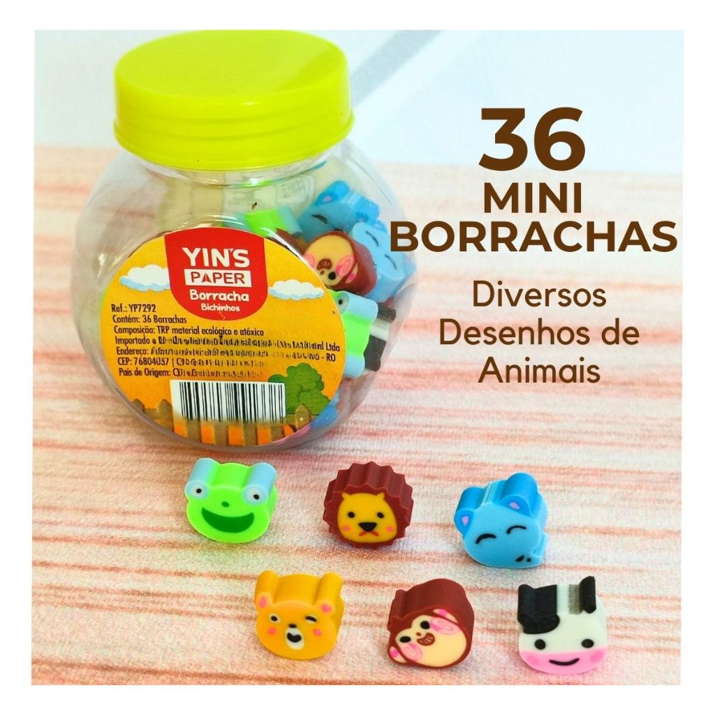 Potinho com 36 Mini Borrachas em Formato de Bichinhos  Yins Paper