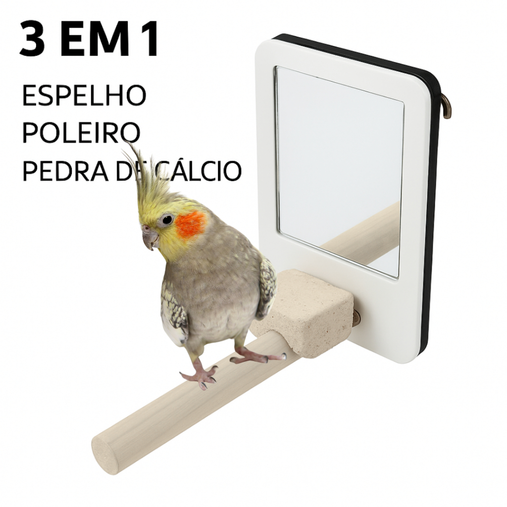 Espelho com Poleiro e Pedra de Cálcio para passaro calopsita,periquito,papagaio,ring neck,aves
