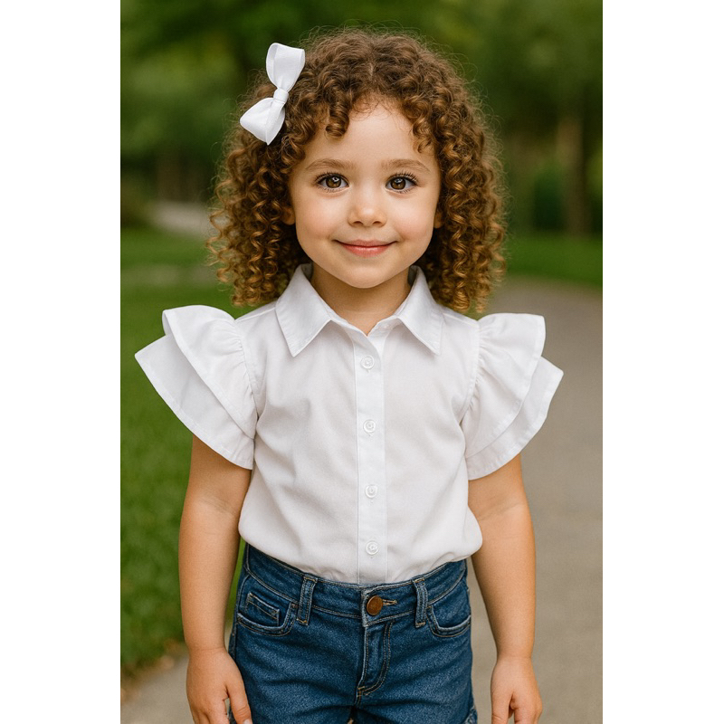 Camisa Infantil Menina Manga Princesa Gola Polo Social Escolar Festa Blusa Algodão Rosa Branco 4 6 8