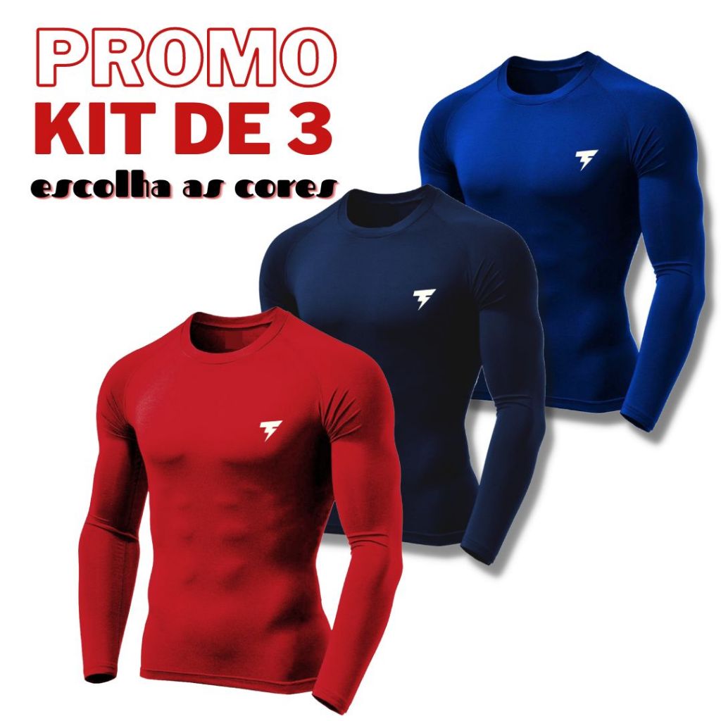 KIT 3 Camisa Masculina Manga Longa Proteção UV50+ Segunda Pele P M G GG