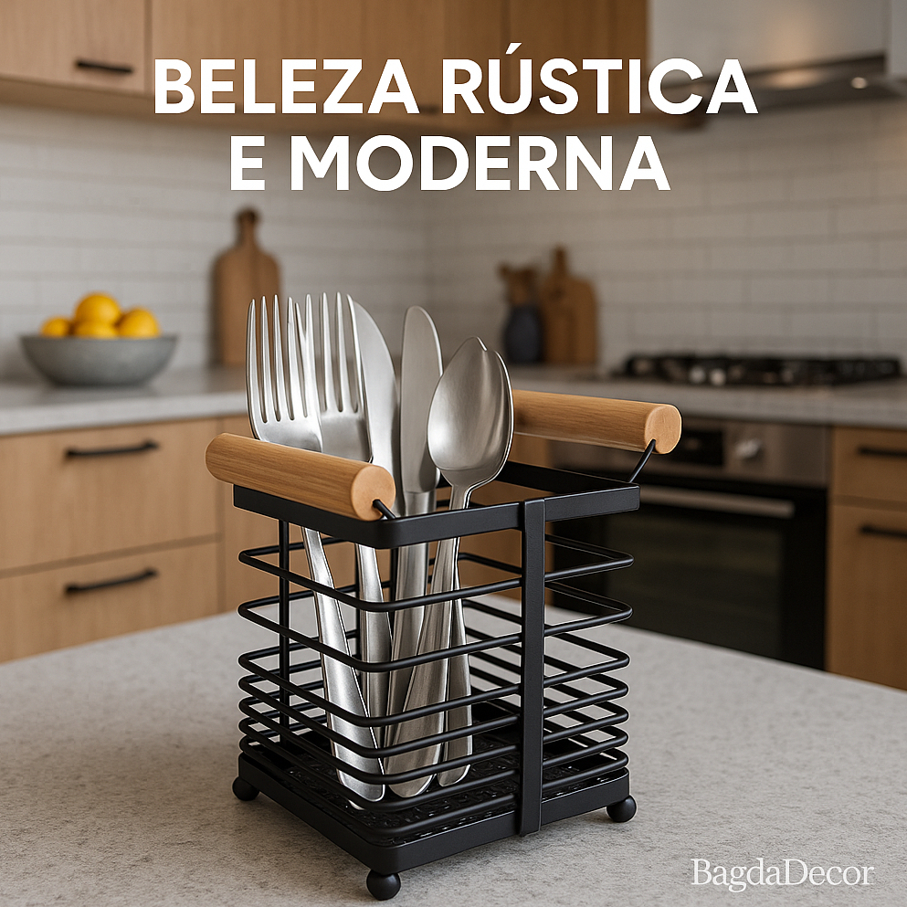 Porta Talheres de Ferro com Alça Bambu – Design Moderno, Resistente, Compacto e Pronto Entrega