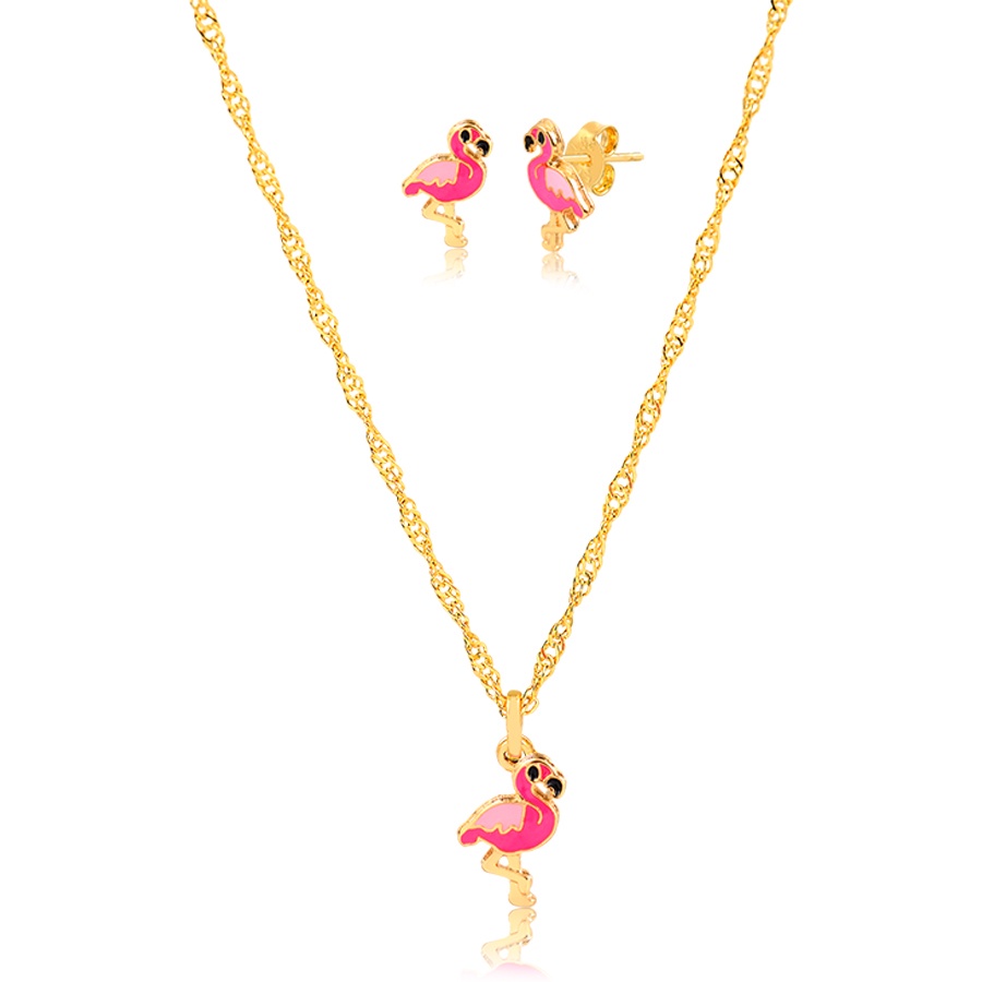 Conjunto Banho de Ouro 18K Infantil Brinco e Colar Flamingo 40cm-1,5cm-1cm