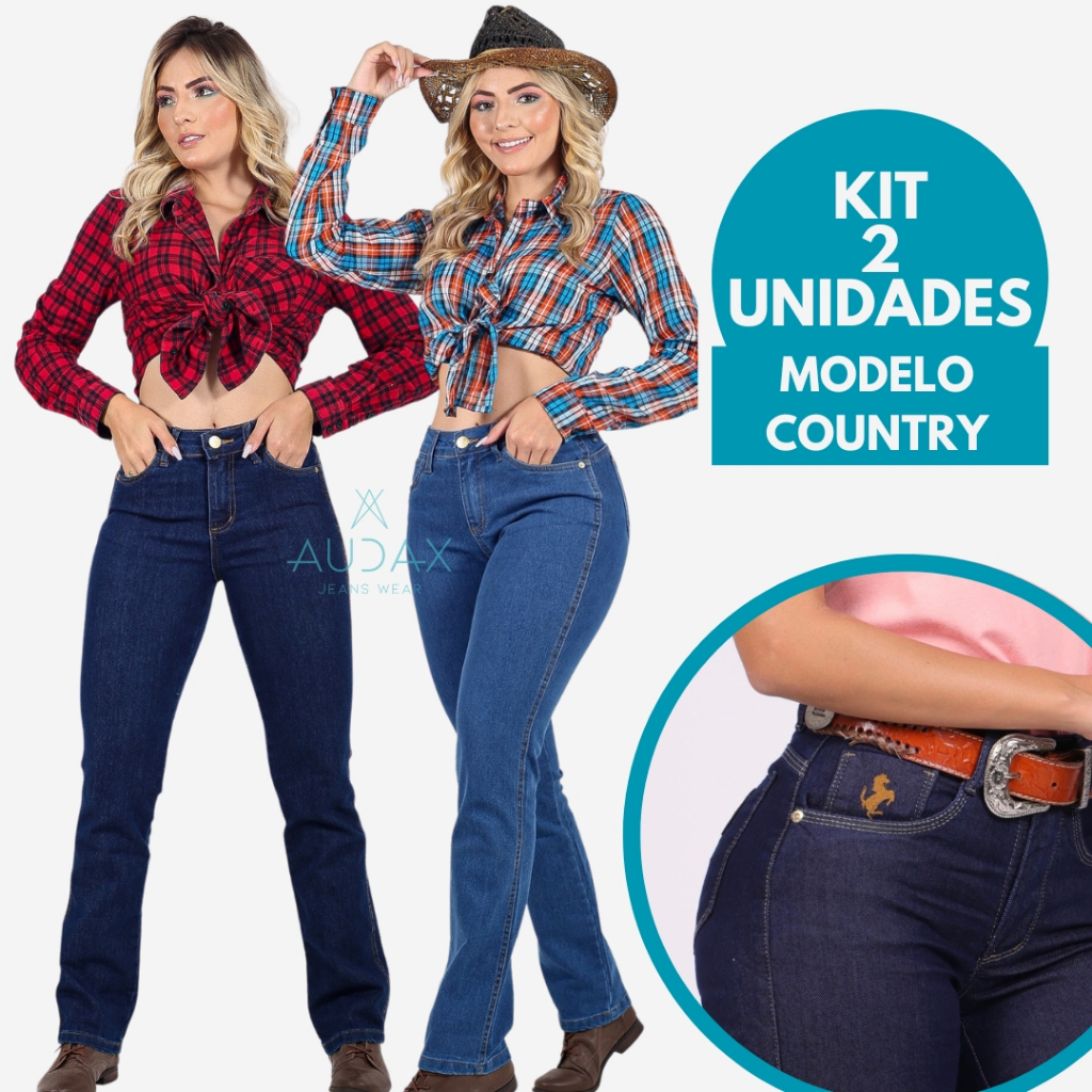 KIT 2 Calças Country Cintura Alta Feminina Empina Bumbum Calca Rodeio com Lycra Elastano Cós Alto
