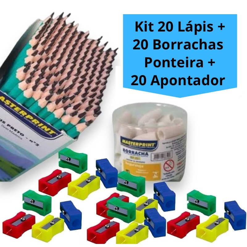 Kit 20 lápis de Escrever N.2 Preto + 20 Borracha Ponteira Branca + 20 Apontador simples Estudo Escol