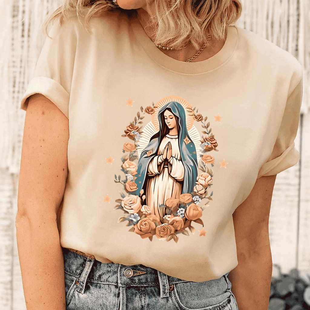 Camiseta Feminina Estampada Virgem Maria Blusa Algodão Camisa Preto Bege Branco