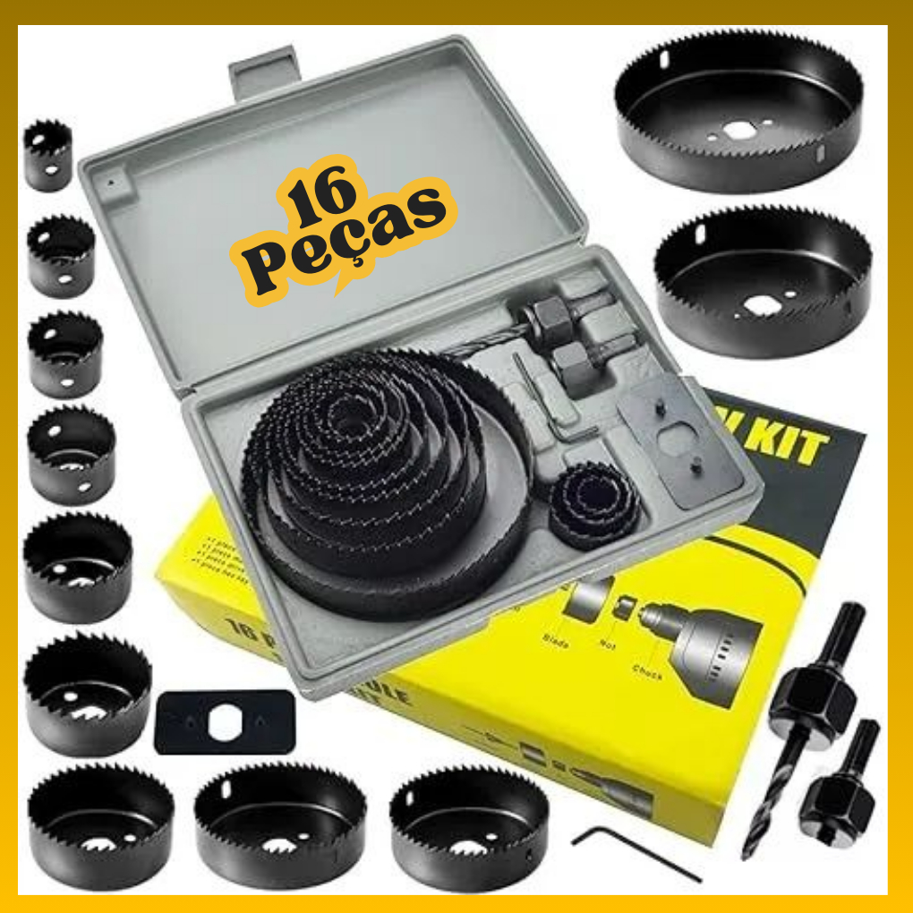 Jogo Kit Serra Copo 16 Peças 19 A 127mm P/ Madeira Gesso e Pvc + Estojo Profissional
