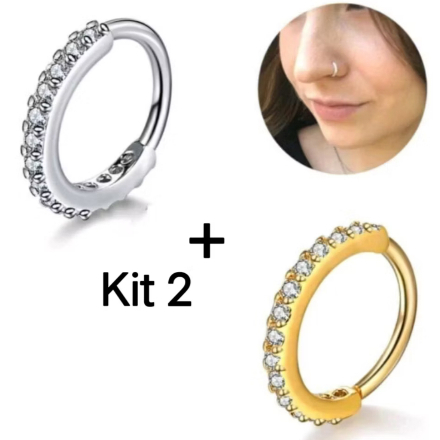 Kit 2 Piercing Argola Nariz Cravejado Strass 10mm 