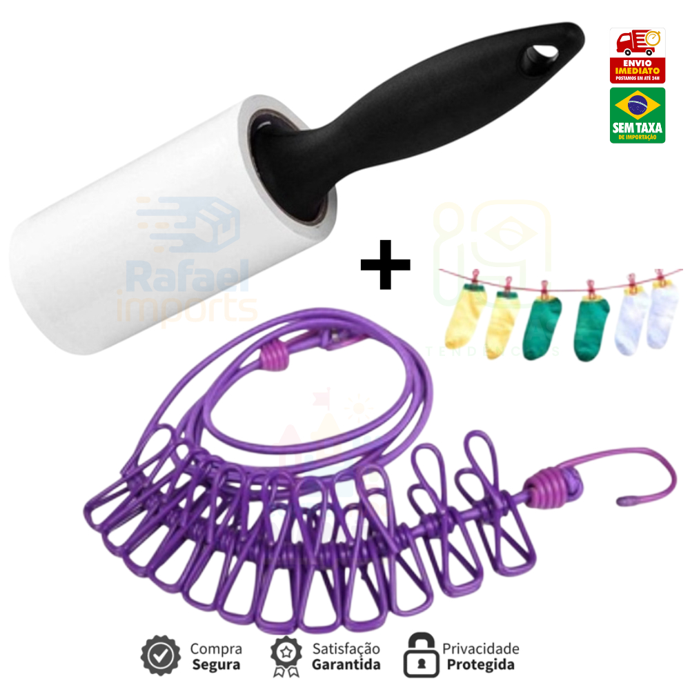 KIT Varal corda + Mini Rolo Adesivo Tira Pelo 20 Folhas Remove Cabelos Fiapos Poeira da Roupa Tecido