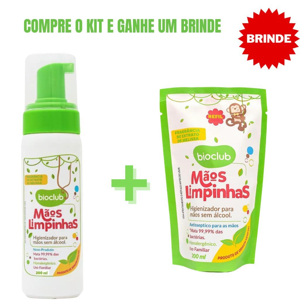 Kit Higienizador de Mãos Sem Álcool 200ml + 1 Refil Mãos Limpinhas 200ml Hipoalergênico Bebê Bioclub