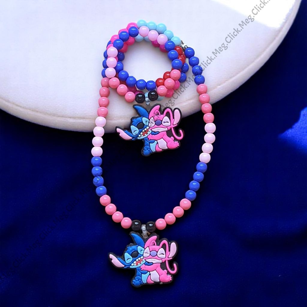 Kit Colar e Pulseira Infantil | Miçanga Colorida com Pingente Acessório Fofo para Crianças