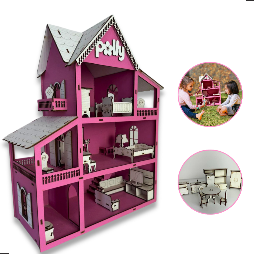 Casinha de Boneca com 30 Mini moveis 60cm Casinha Americana MDF Diversão para Crianças
