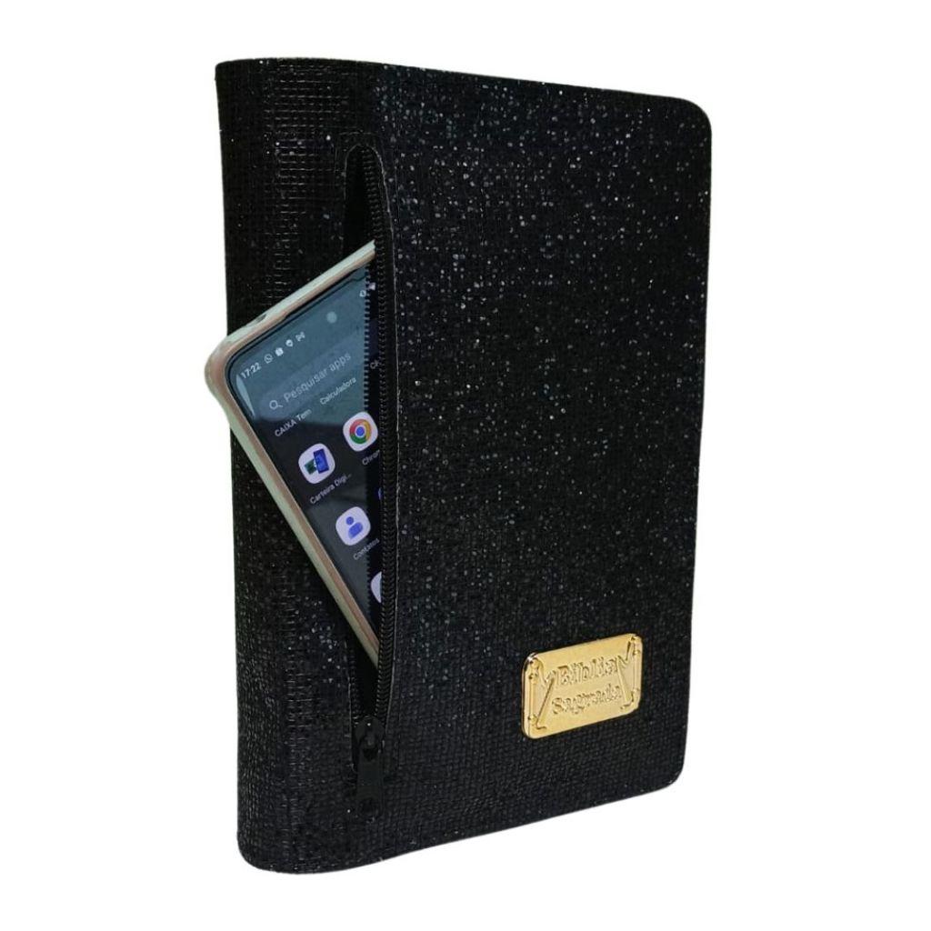 Capa para Bíblia Média com Zíper e Bolso Externo Porta Celular com Glitter Brilhoso