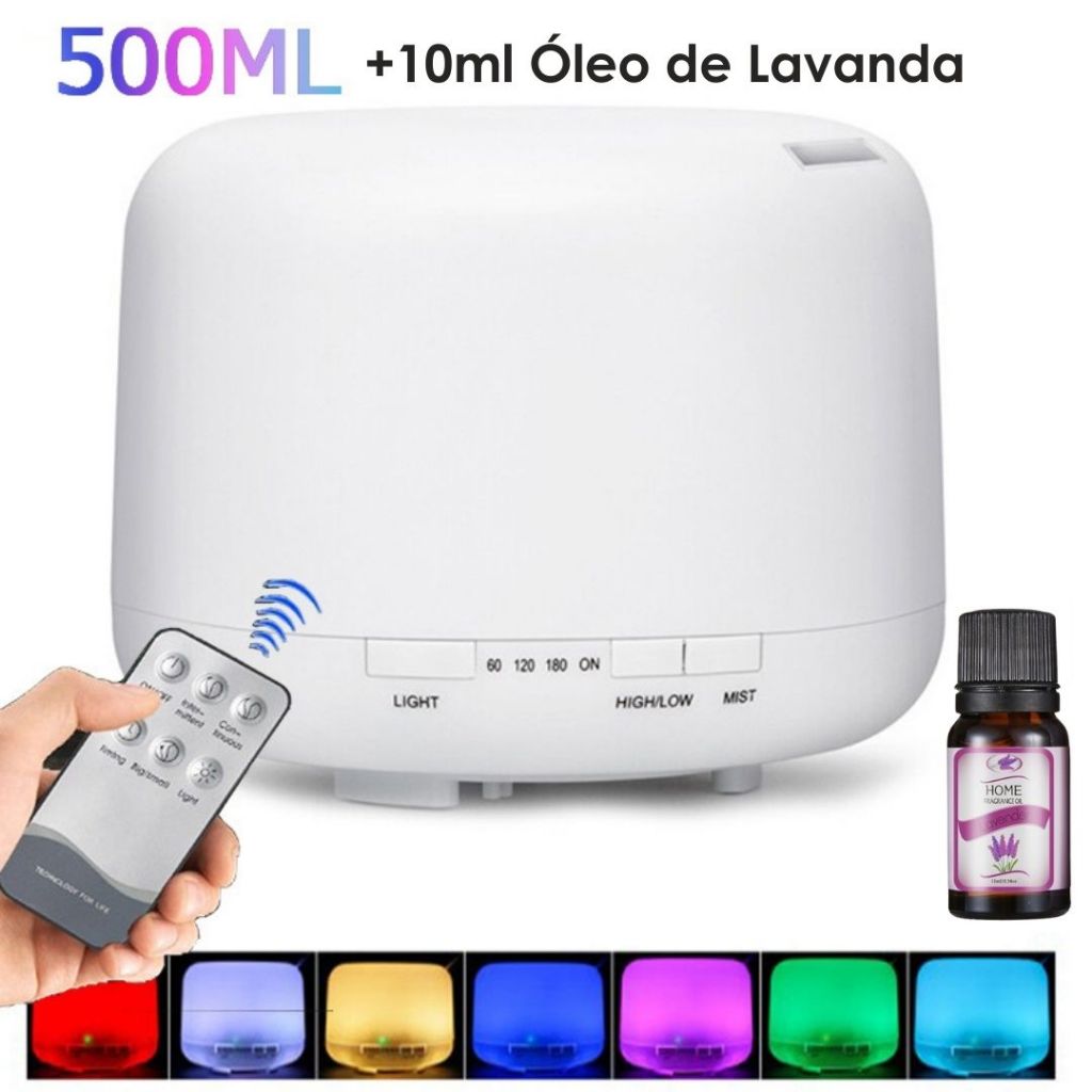 Umidificador Portátil 500ML Aromatizador Luz LED De 7 Cores Com Controle Remoto / Ambiente mais Agra