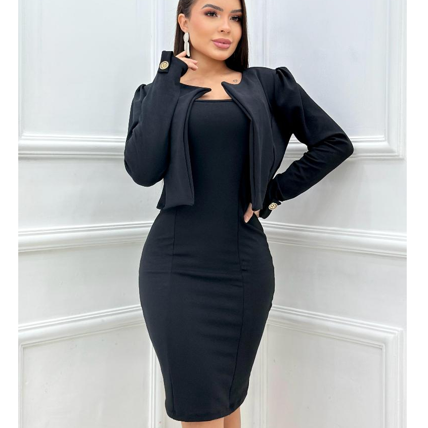 Conjunto Vestido Colado Midi + Casaco Blazer Moda Evangélica Elegante, Escritório Festa Formatura