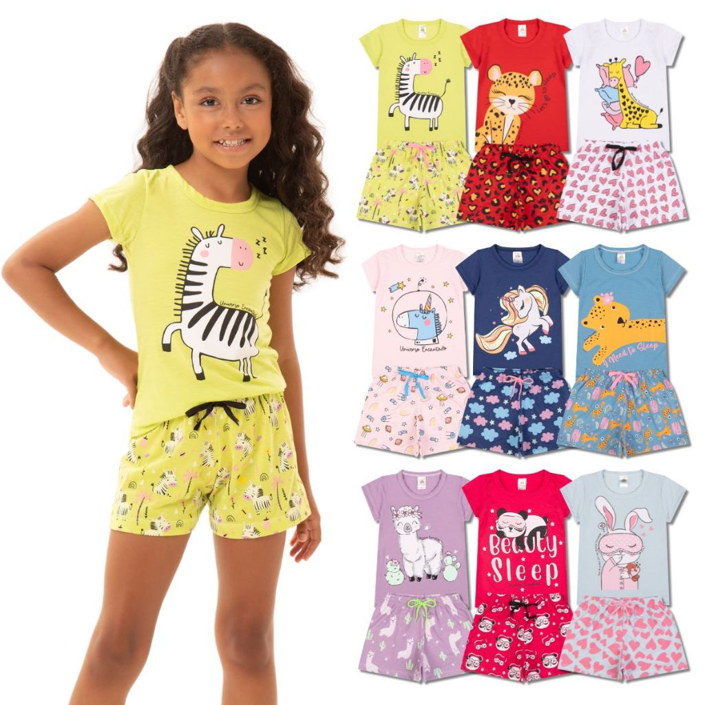 Kit Sortido 4 Peças de Pijamas Infantis para Meninas Confortáveis e Cheios de Estilo – 2 Camisetas +