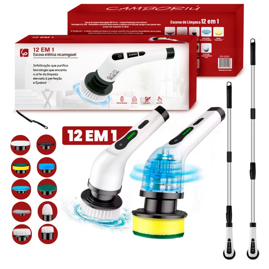 Escova Elétrica Limpeza Kit 12 em 1 Sem Fio Giratória Portátil