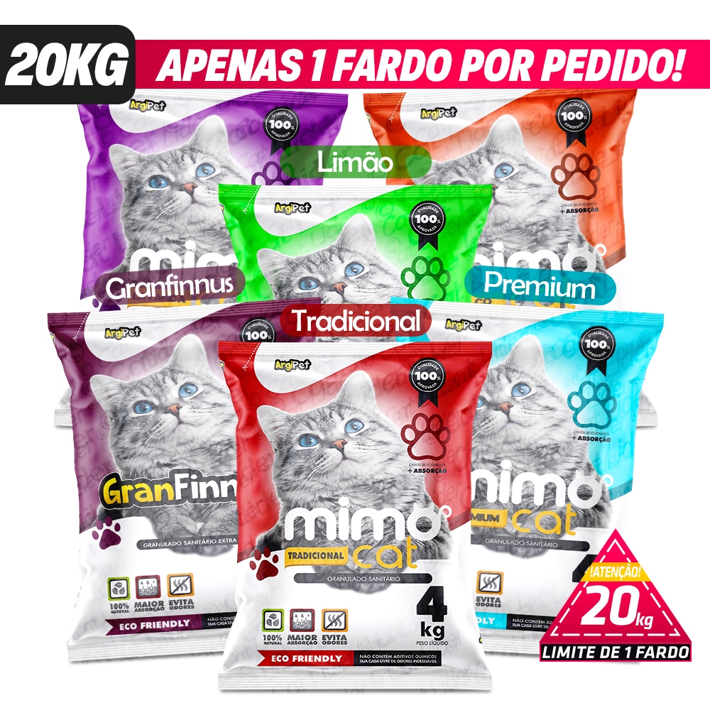 Kit 5 Granulado de Argila Higiênica de Gato Areia Forma Torrões Absorvente e Perfumado Mimocat 20KG