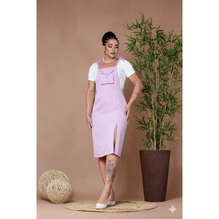 Saia jardineira com fenda na lateral com alça reg