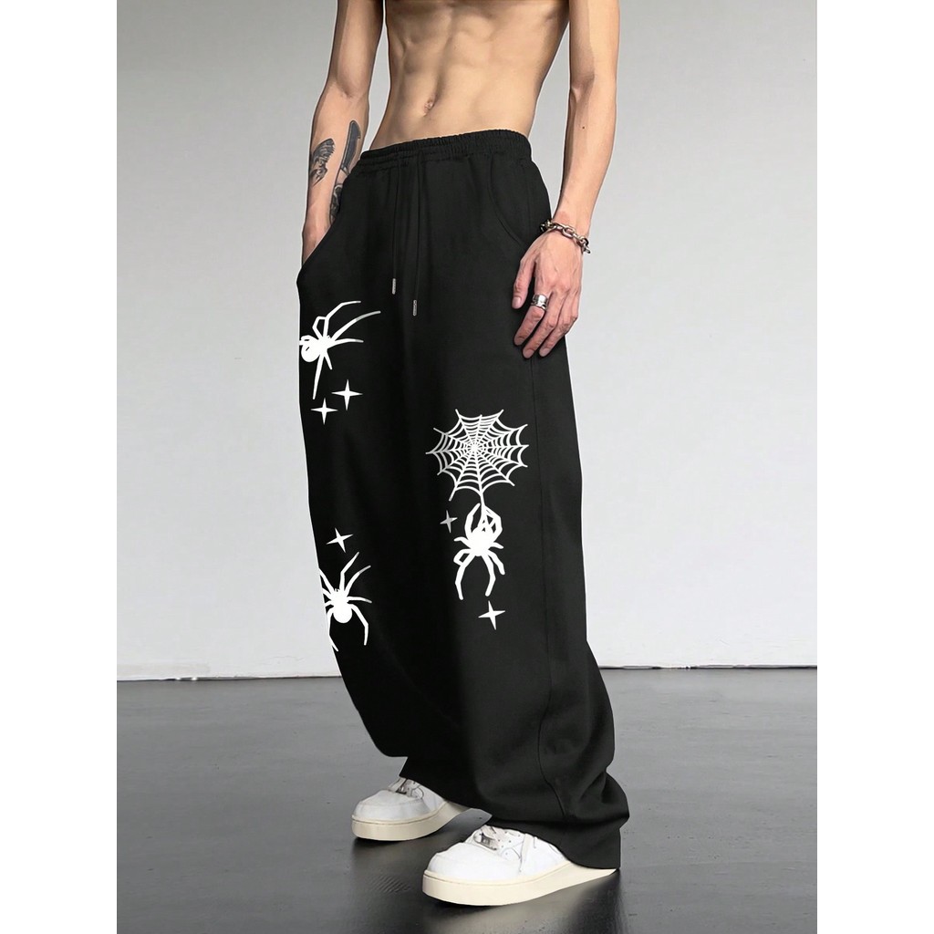 Calça de Moletom Casual Masculina com Estampa de Teia de Aranha, com Bolsos  e Cintura com Cordão, S