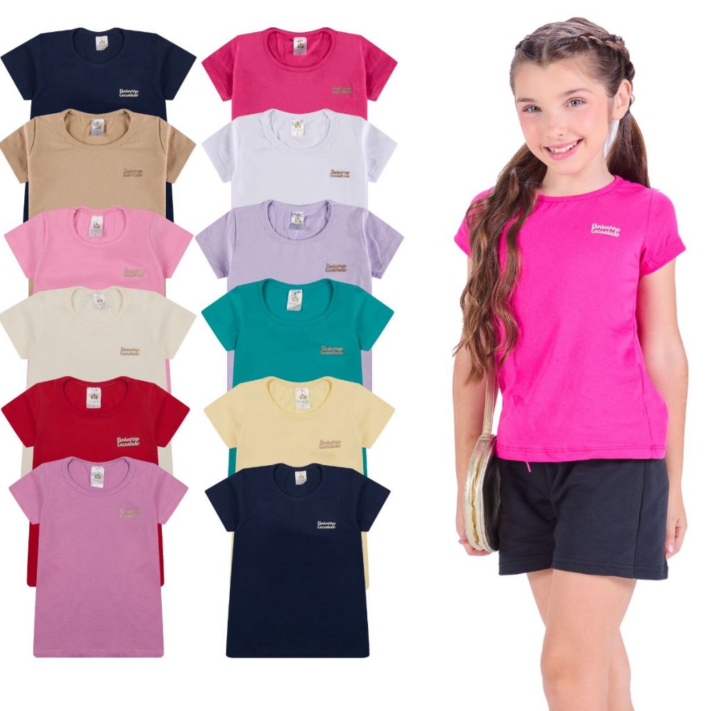Kit com 2, 6 ou 8 Blusas Manga Curta Infantil para Menina 100% Algodão Moda Infantil Feminina Lisa B