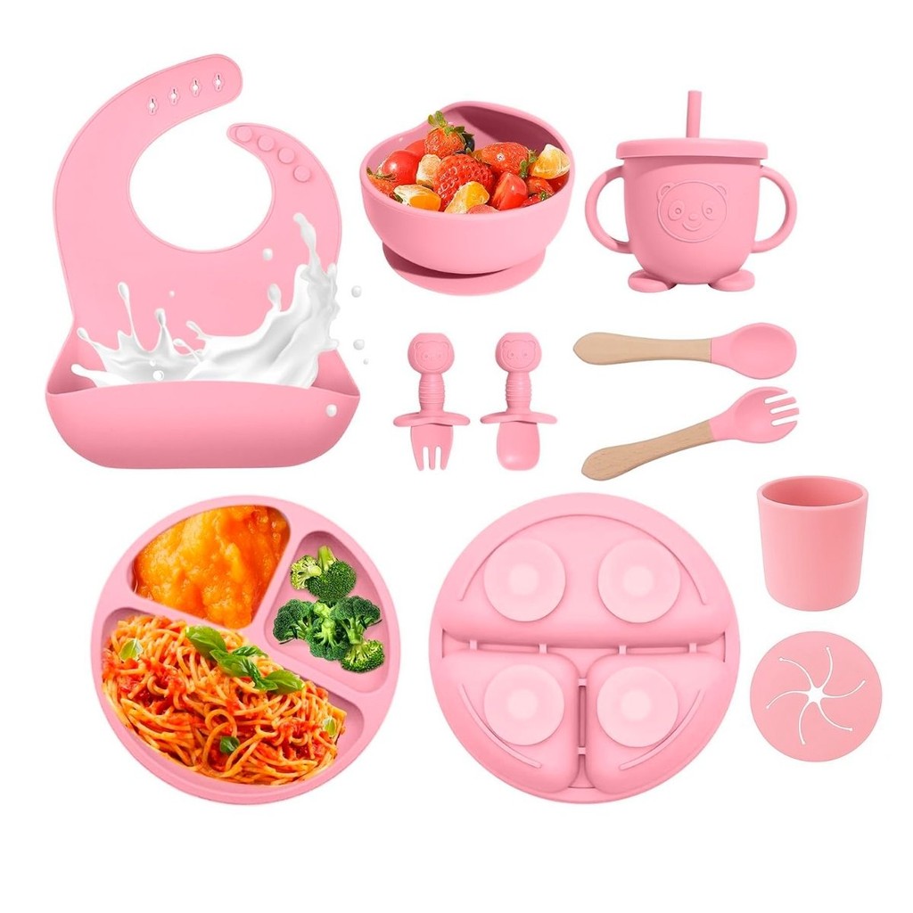 Talheres e Acessórios De Alimentação Infantil Em Silicone Com Babador, Colher Garfo e Ventosa Kit 10