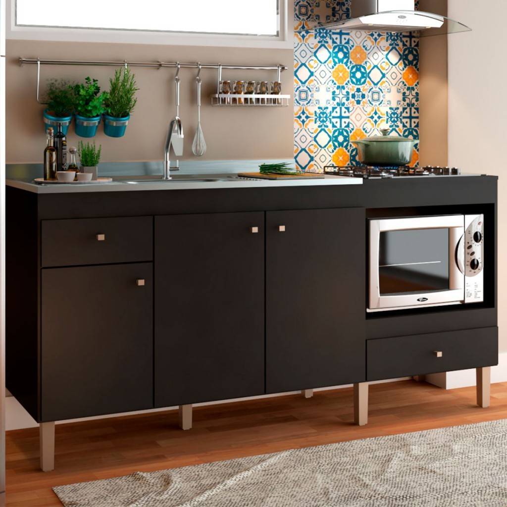 Armário de Cozinha Compacta para Pia 3 Portas 2 Gavetas Espaço para Forno e Cooktop Itália Preto – P