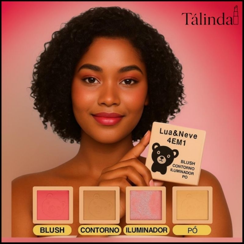 Mini Quarteto 4 em 1 Blush + Pó + Contorno + Iluminador – Lua a Neve Paleta de Bolsa Com Espelhinho