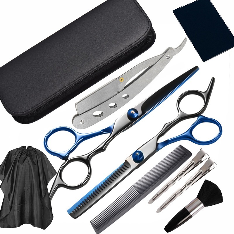 Kit Tesoura Barbeiro Fio Navalha E Desfiadeira + Acessórios Espanador Pente Presilhas em Metal Naval