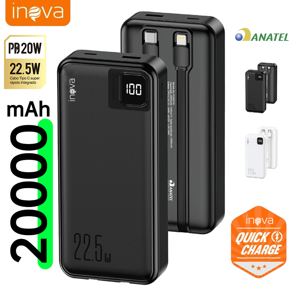Inova Bateria Portátil Power Bank 20.000mah/10.000mah Universal carregador 22,5W Com Displaya Visor