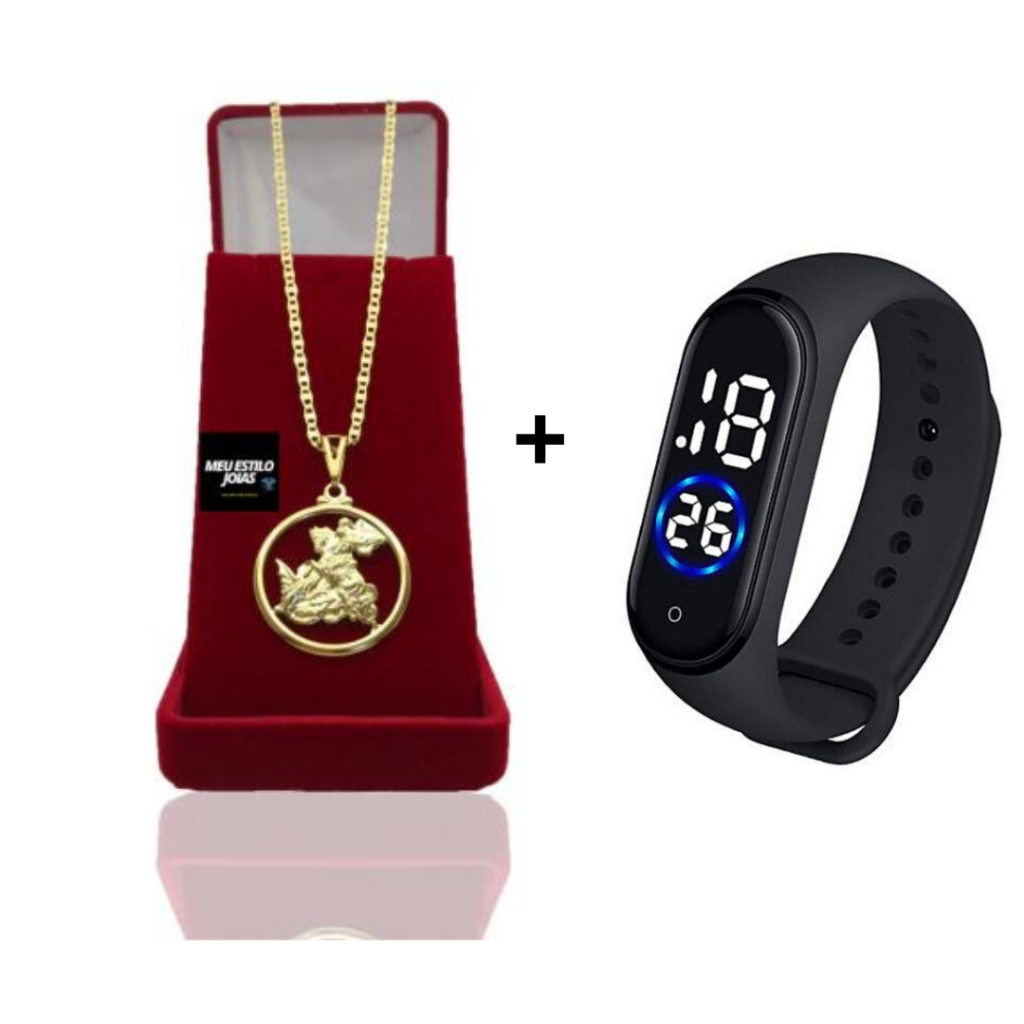 Corrente Masculina Infantil Piastrini 3mm Banhado Ouro Com Pingente  São Jorge + Relógio Digital Pro