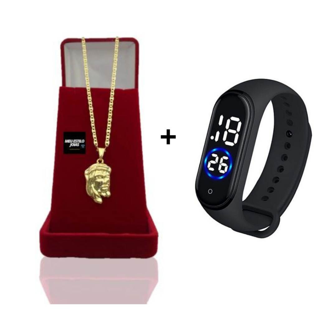 Corrente Masculina Infantil Piastrini 3mm Banhado Ouro Com Pingente  Face de Cristo  + Relógio Digit
